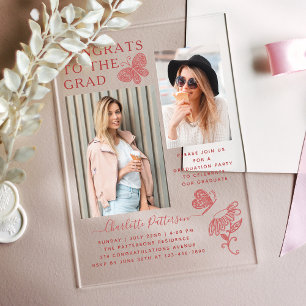 Modern Butterfly Photo Graduation Party Acrylic Invitations
