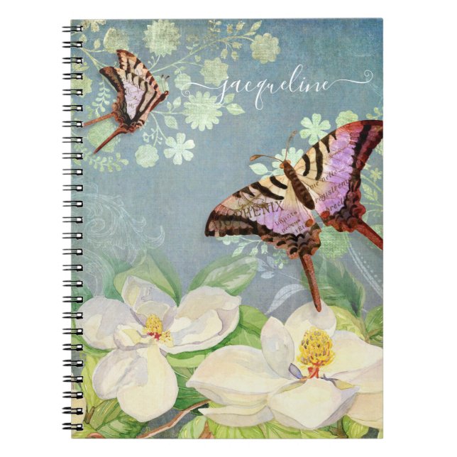 Modern Butterfly Watercolor Magnolia Flower Floral Notebook (Front)