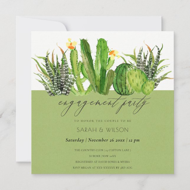 MODERN CACTUS FLORAL GARDEN WATERCOLOR ENGAGEMENT INVITATION (Front)