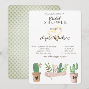 Modern Cactus Flower Gold Heart Bridal Shower Invitation