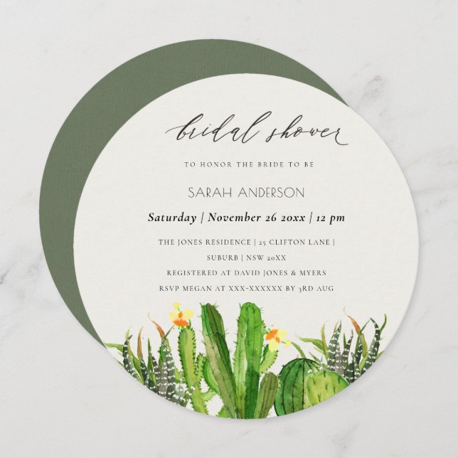 MODERN CACTUS GARDEN WATERCOLOR BRIDAL SHOWER INVITATION (Front/Back)
