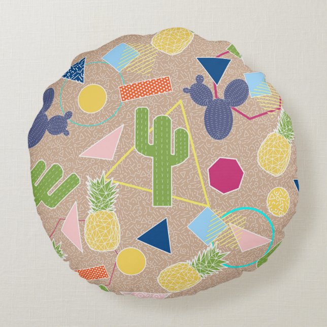 Modern cactus geometric Memphis inspired pattern Round Cushion (Back)