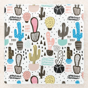 Modern Cactus Geometric Pattern Glass Coaster