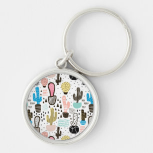 Modern Cactus Geometric Pattern Key Ring