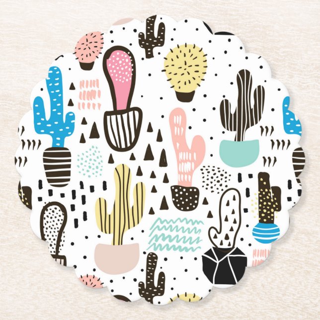 Modern Cactus Geometric Pattern Paper Coaster (Front)
