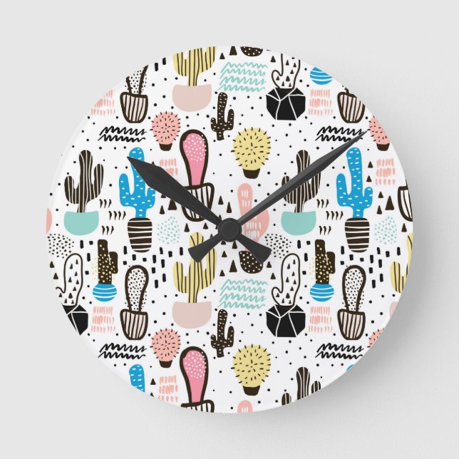 Modern Cactus Geometric Pattern Round Clock (Front)
