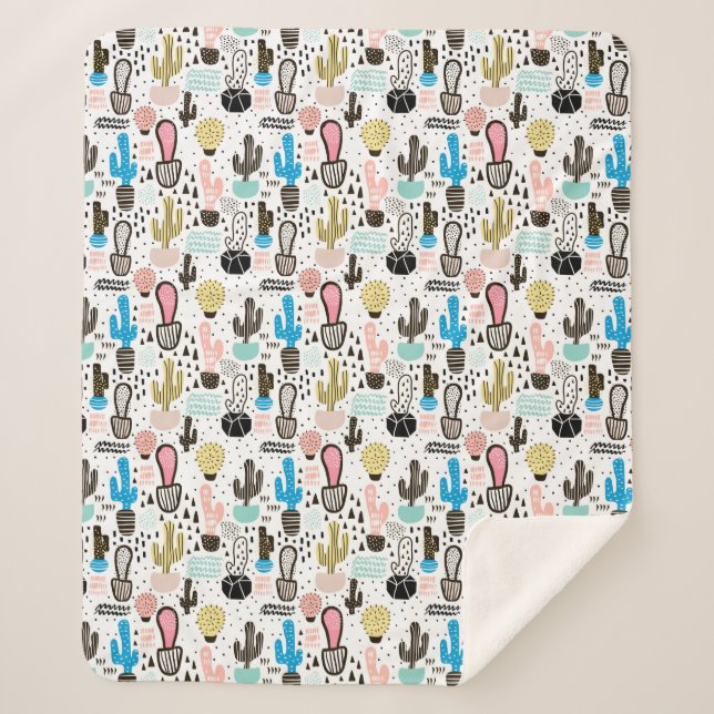Modern Cactus Geometric Pattern Sherpa Blanket (Front)