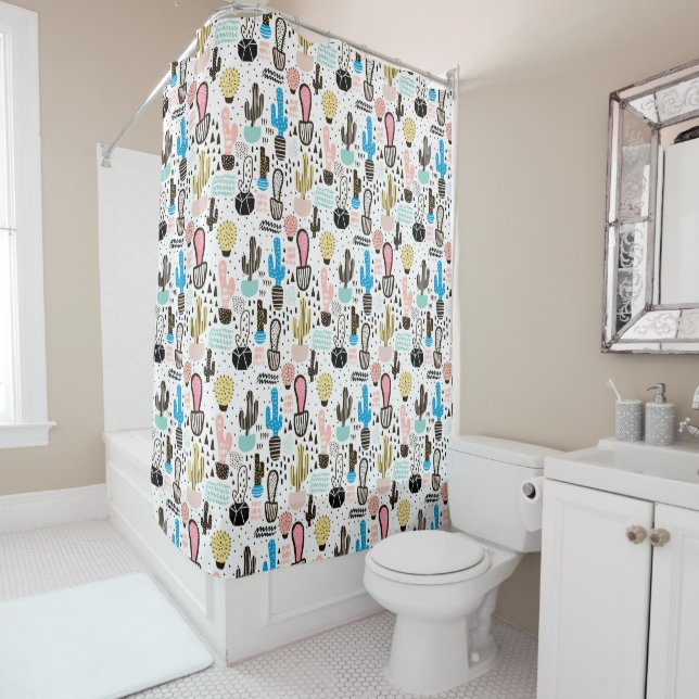Modern Cactus Geometric Pattern Shower Curtain (In Situ)
