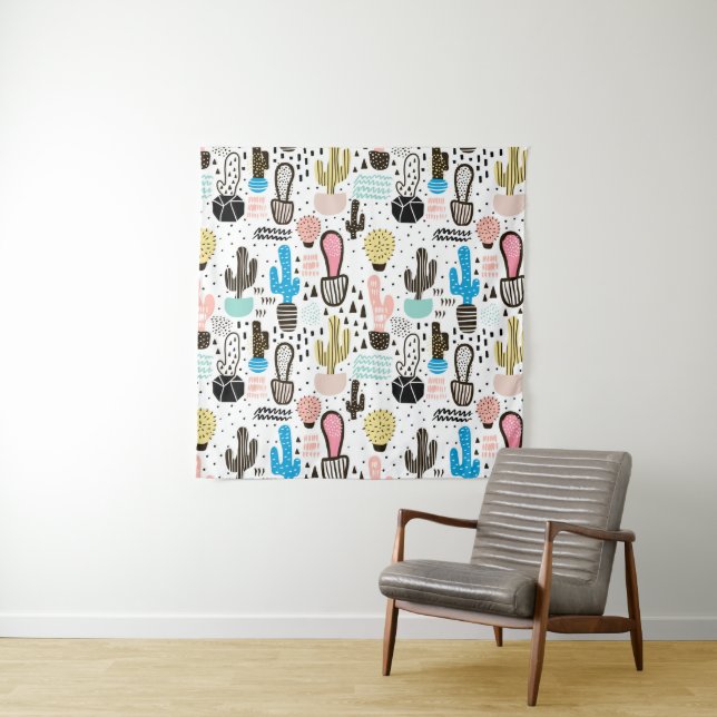 Modern Cactus Geometric Pattern Tapestry (In Situ (Horizontal))