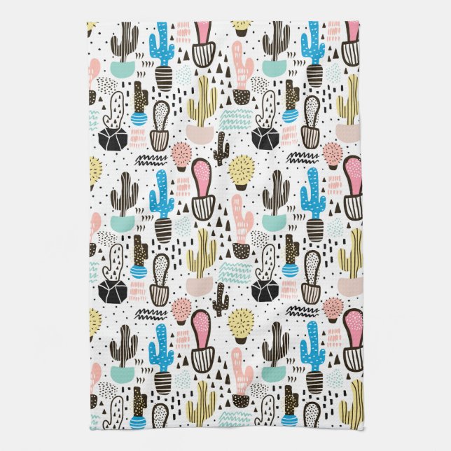 Modern Cactus Geometric Pattern Tea Towel (Vertical)