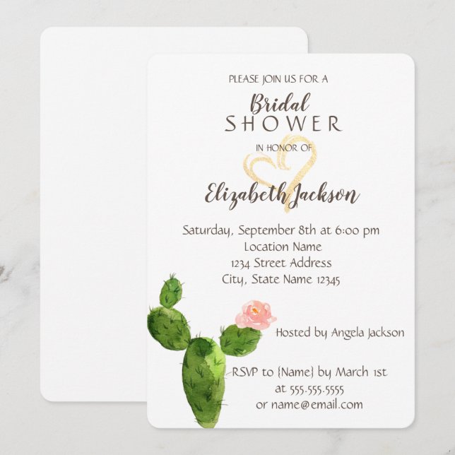 Modern Cactus Gold Glitter Heart  Bridal Shower Invitation (Front/Back)