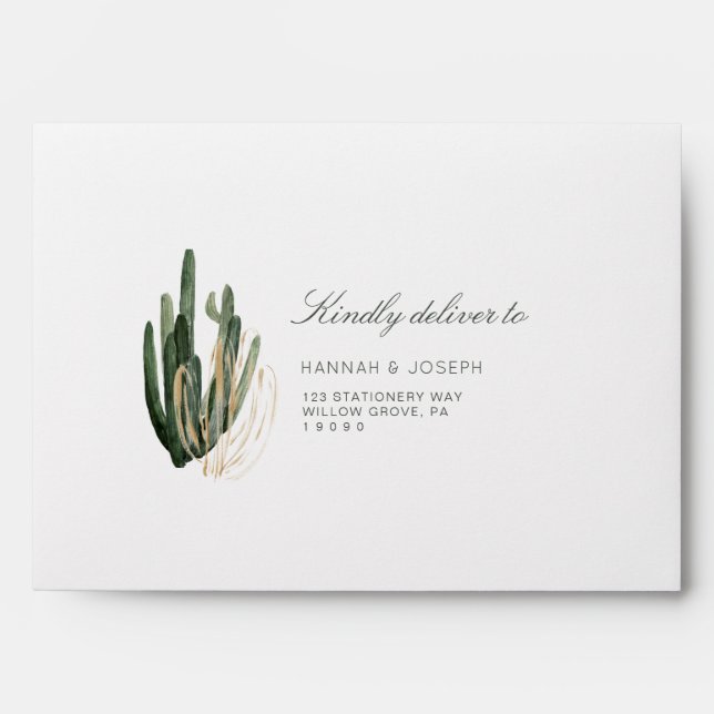 Modern Cactus Green and Gold Wedding Envelope (Front)