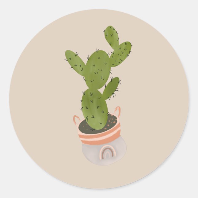 Modern Cactus Houseplant Hand Drawn Design  Classic Round Sticker (Front)