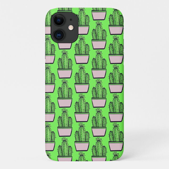 Modern Cactus Pink Pot Pattern on Green Case-Mate iPhone Case (Back)