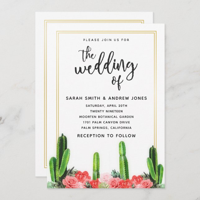 Modern Cactus, Succulent and Floral Wedding Invitation (Front/Back)