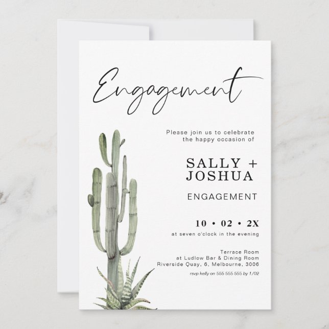 Modern Cactus Succulent Engagement Invitation (Front)