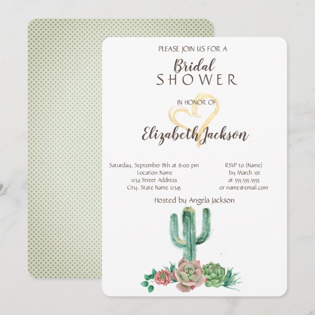 Modern Cactus Succulent Gold Heart  Bridal Shower  Invitation (Front/Back)