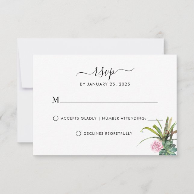 Modern Cactus Succulent Greenery Floral Wedding RSVP Card (Front)