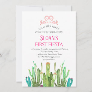 Modern Cactus Tiara First Fiesta Pink Birthday   Invitation
