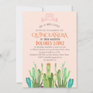 Modern Cactus Tiara Quinceañera Fiesta Birthday  Invitation