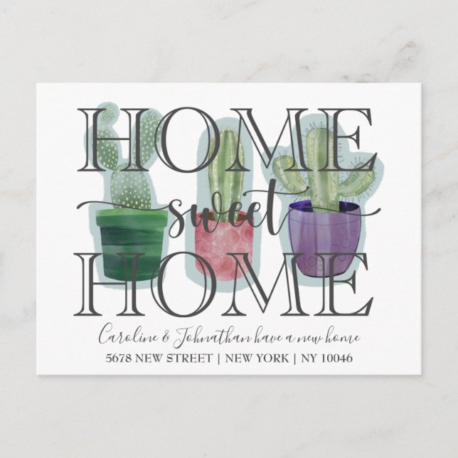 Modern Cactus Watercolor New Home Announcement Postcard (Front)