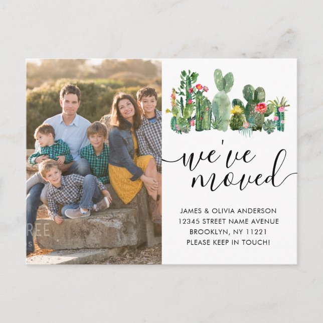 Modern Cactus We've Moved New Home Photo Moving Announcement Postcard (Front)