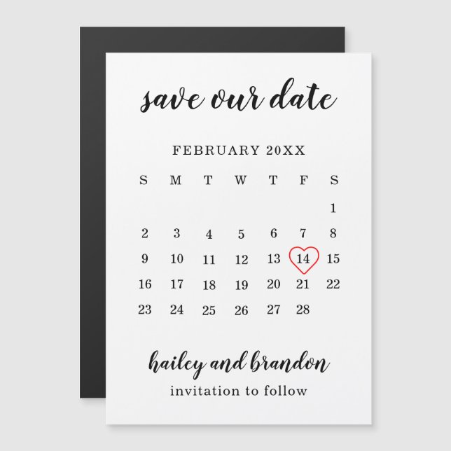 Modern Calendar Red Heart Wedding Save the Date Magnetic Invitation (Front/Back)