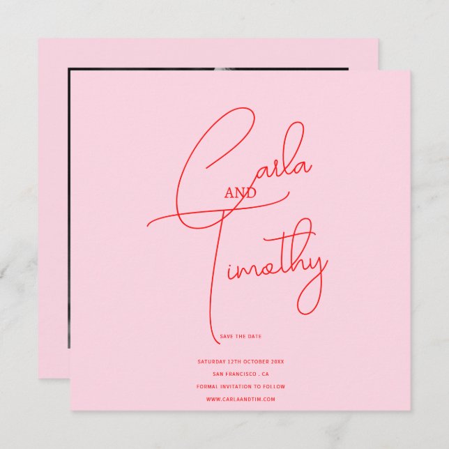 Modern Caligraphy Script Red Pink Photo Save Date  Save The Date (Front/Back)