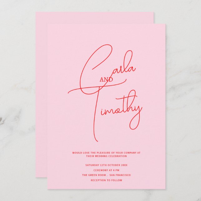 Modern Caligraphy Script Red Pink Wedding Invitation (Front/Back)