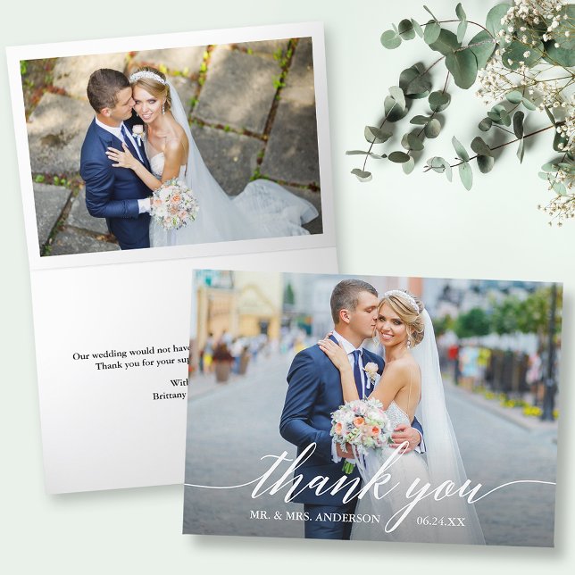Modern Calligraphy 2 Photo Wedding Folded Thank You Card (Customize to change your personalized text size or text style.)