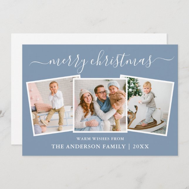 Modern Calligraphy 3 Photo Christmas Blue Holiday Card (Front/Back)