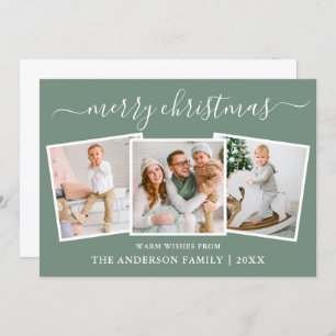 Modern Calligraphy 3 Photo Christmas Sage Green Holiday Card