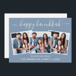 Modern Calligraphy 3 Photo Happy Hanukkah Blue  Holiday Card<br><div class="desc">Modern Trendy Calligraphy Script 3 Photo Family Photo Collage Happy Hanukkah Card - Dusty Blue</div>