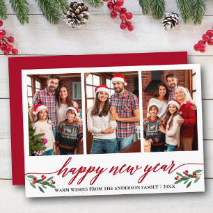 Modern Calligraphy 3 Photo Happy New Year Red Holiday Card