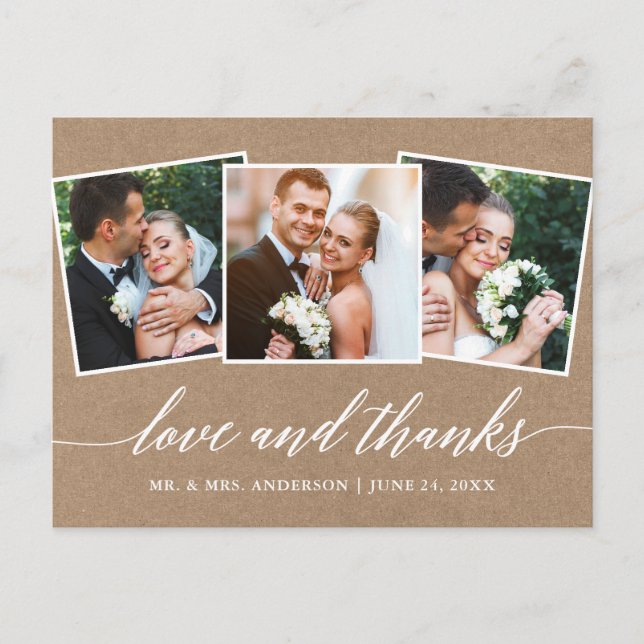 Modern Calligraphy 3 Photo Love Thanks Kraft Postcard (Front)