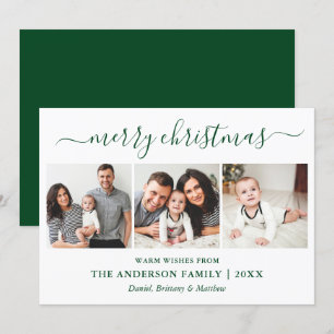 Modern Calligraphy 3 Photo Merry Christmas Green Holiday Card