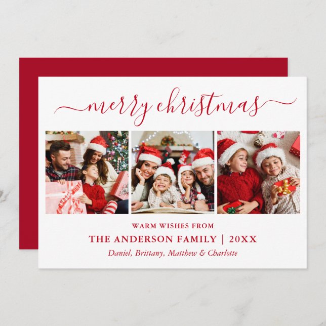Modern Calligraphy 3 Photo Merry Christmas Red Holiday Card (Front/Back)