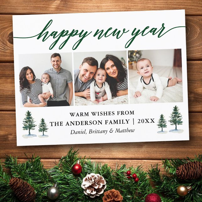 Modern Calligraphy 3 Photo Pines Happy New Year Postcard (Customize to change your personalized text size or text style.)