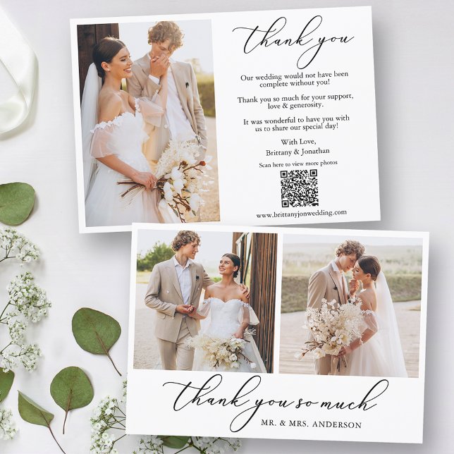 Modern Calligraphy 3 Photo QR Code Wedding Thank You Card (Customize to change your personalized text style, size or color.)