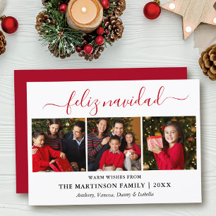 Modern Calligraphy 3 Photo Red Feliz Navidad Holiday Card