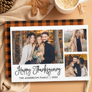 Modern Calligraphy 3 Photo Thanksgiving Plaid Holiday Card
