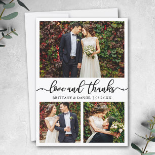 Modern Calligraphy 3 Photo Wedding Collage Thank You Card