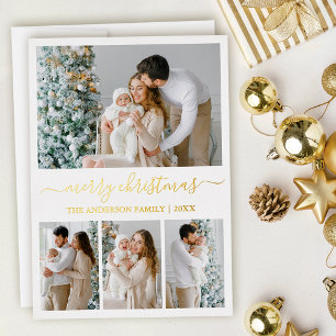 Modern Calligraphy 4 Photo Christmas Gold Foil Holiday Card