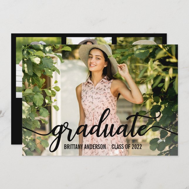 Modern Calligraphy 4 Photo Graduation Party Invitation (Front/Back)