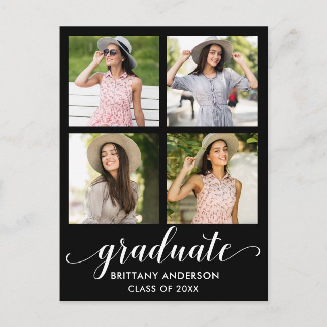 Modern Calligraphy 4 Photo Graduation Party Invitation Postcard (Front)
