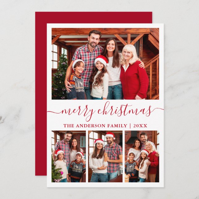 Modern Calligraphy 4 Photo Red Merry Christmas Holiday Card (Front/Back)