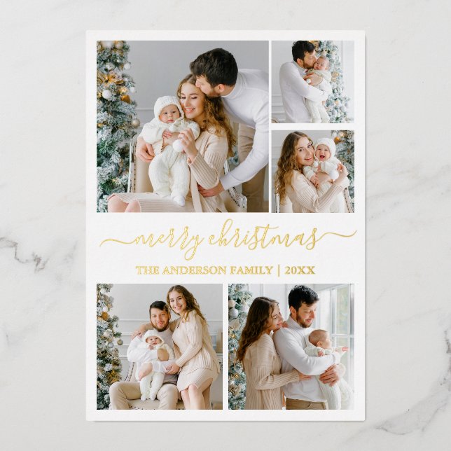 Modern Calligraphy 5 Photo Christmas Gold Foil Holiday Card (Front)