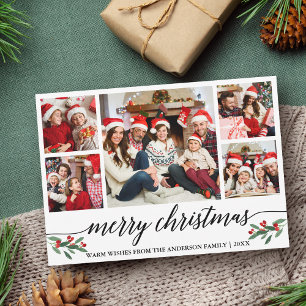 Modern Calligraphy 5 Photo Family Merry Christmas Holiday Card