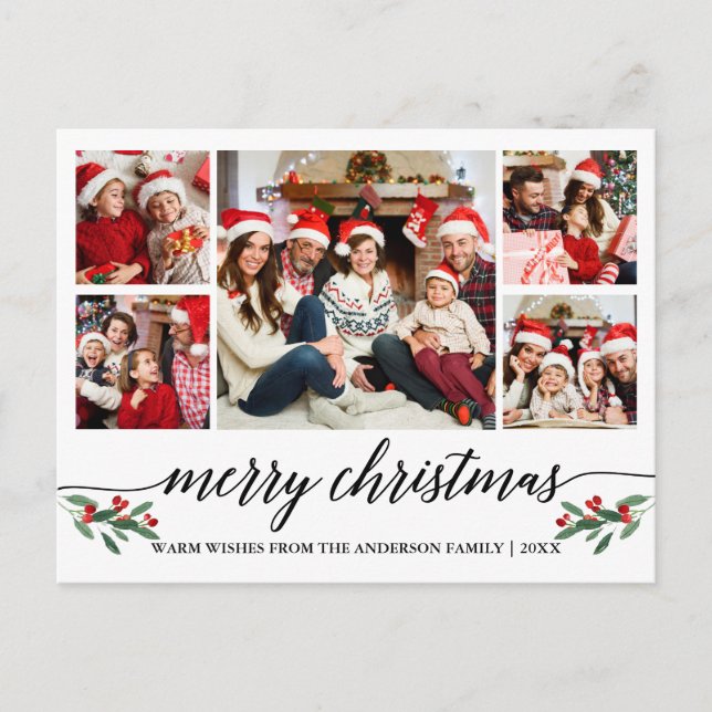 Modern Calligraphy 5 Photo Family Merry Christmas Postcard (Front)