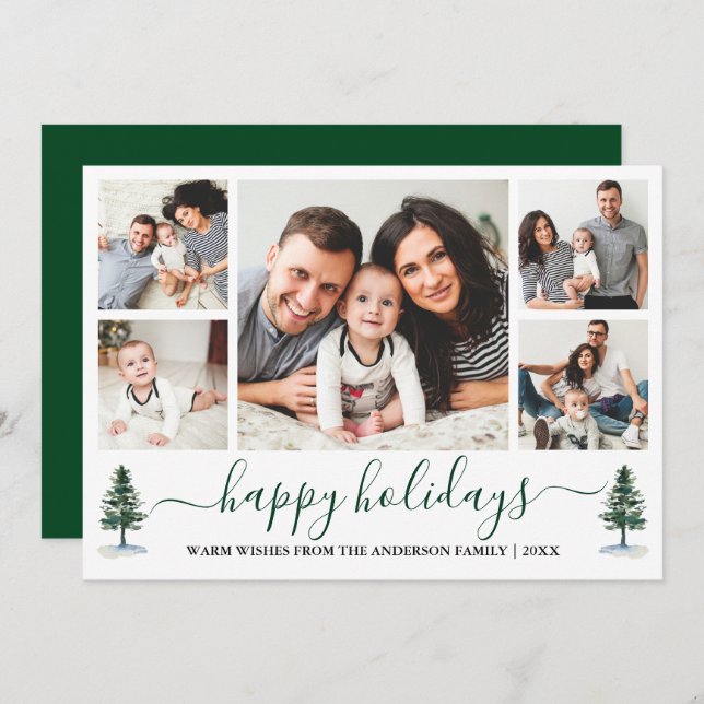 Modern Calligraphy 5 Photo Green Pines Holiday Card (Front/Back)